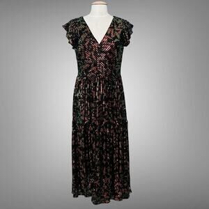 LOFT‎ Womens Dress 8 Black Colorful Sequin Flutter Tiered Midi Whimsical Fairy